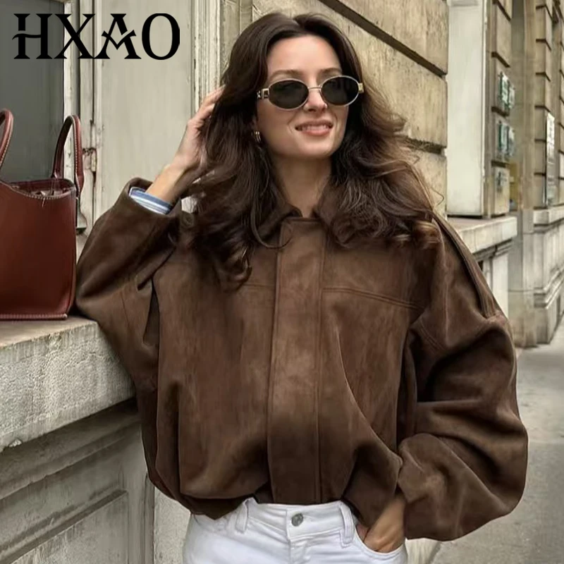 

HXAO 2025 женская куртка-бомбер, замшевая куртка большого размера, женская модная укороченная верхняя одежда с рукавами «летучая мышь», женское повседневное свободное пальто