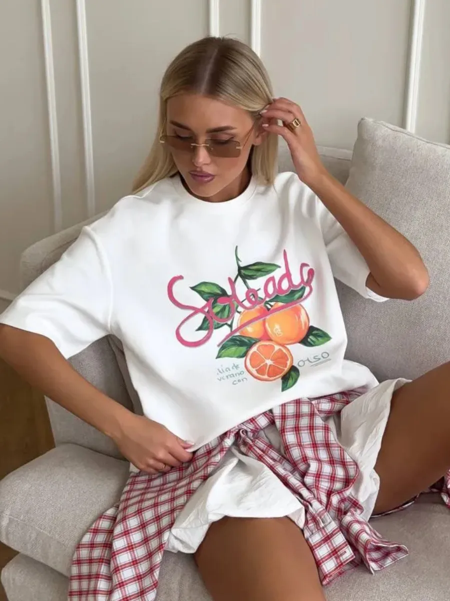 2025 تي شيرت قطني نقي أوروبي وأمريكي مطبوع فضفاض ومتعدد الاستخدامات أمريكي غير رسمي من القطن الخالص للنساء #2