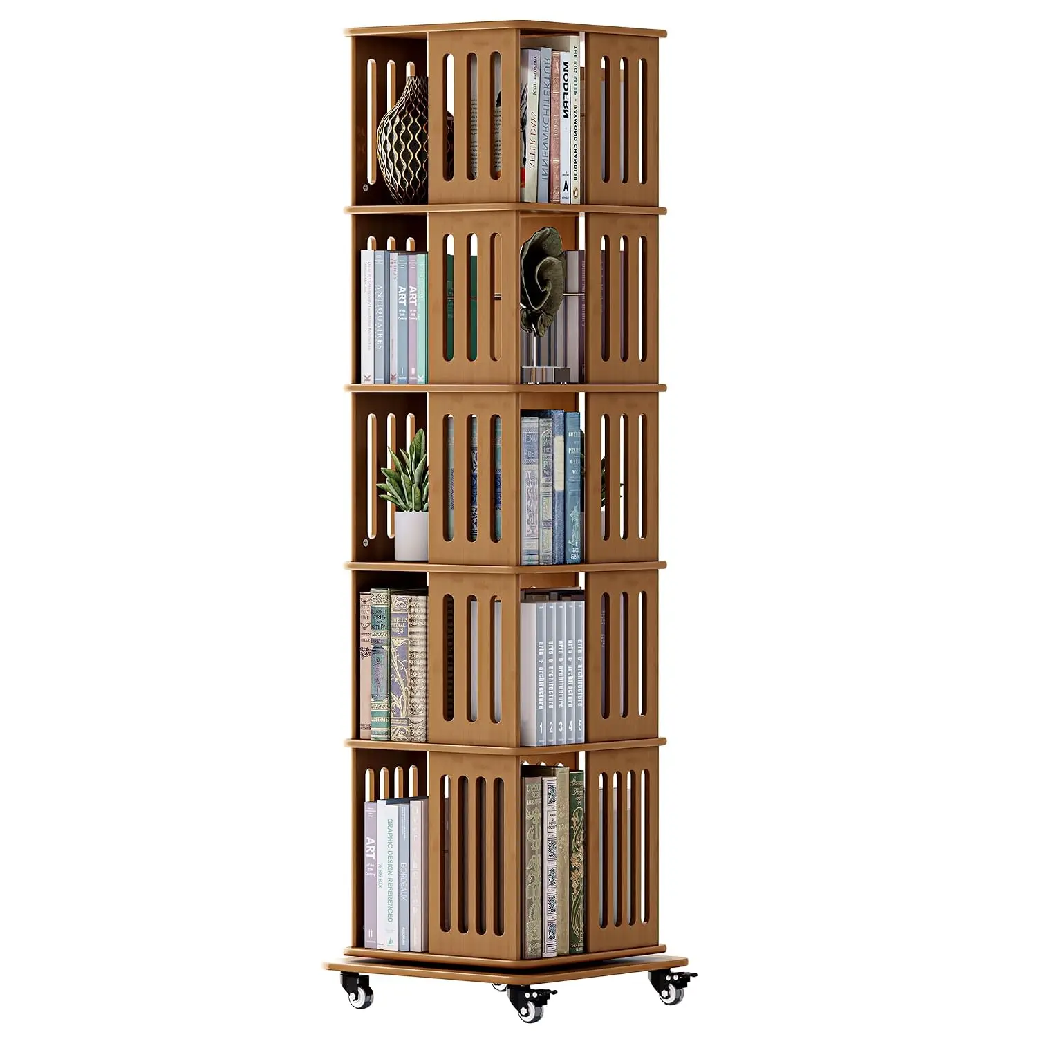 Solid Wood Rotating Bookshelf Tower, 5 Tier Spinning Bookcase with Wheels & Storage for Small Spaces, Walnut, Customized