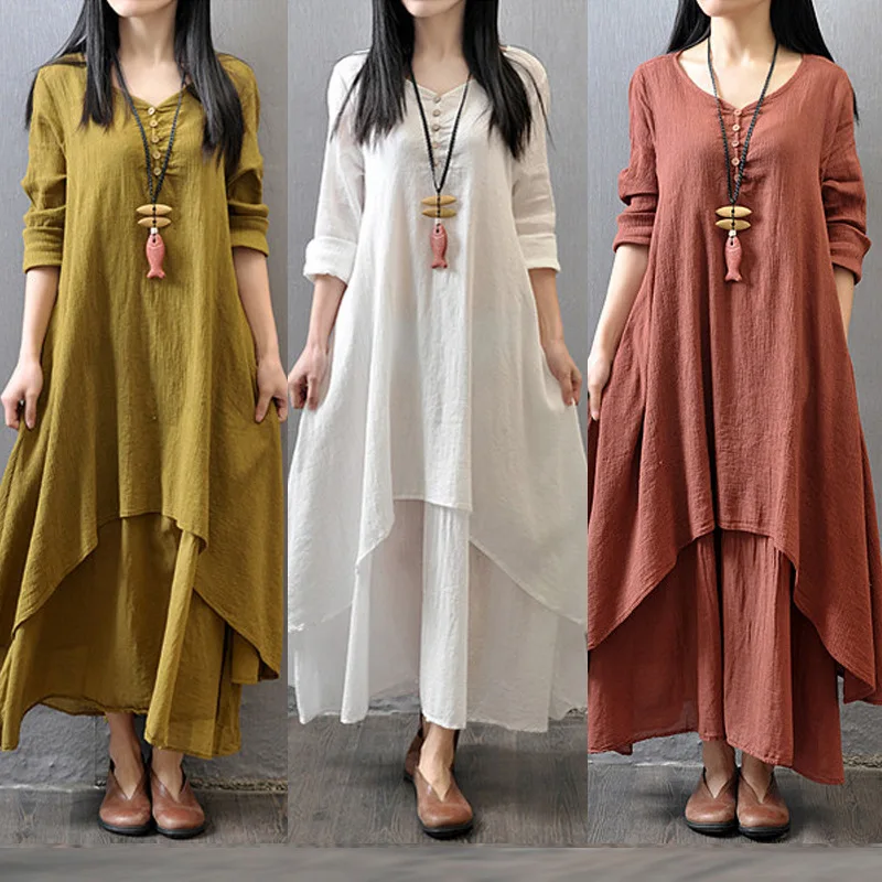 

Spring and Autumn Fake Two Long Large Swing Linen Dress Loose Long Sleeve Cotton Hemp Dress