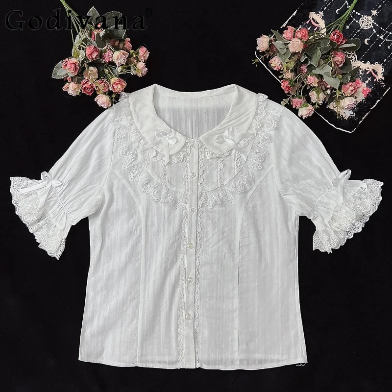 

2025 Summer New Cute Peter Pan Collar Bow Short Sleeve Solid Color Shirt Sweet Girl Elegant Lolita Versatile Lace Japanese Top