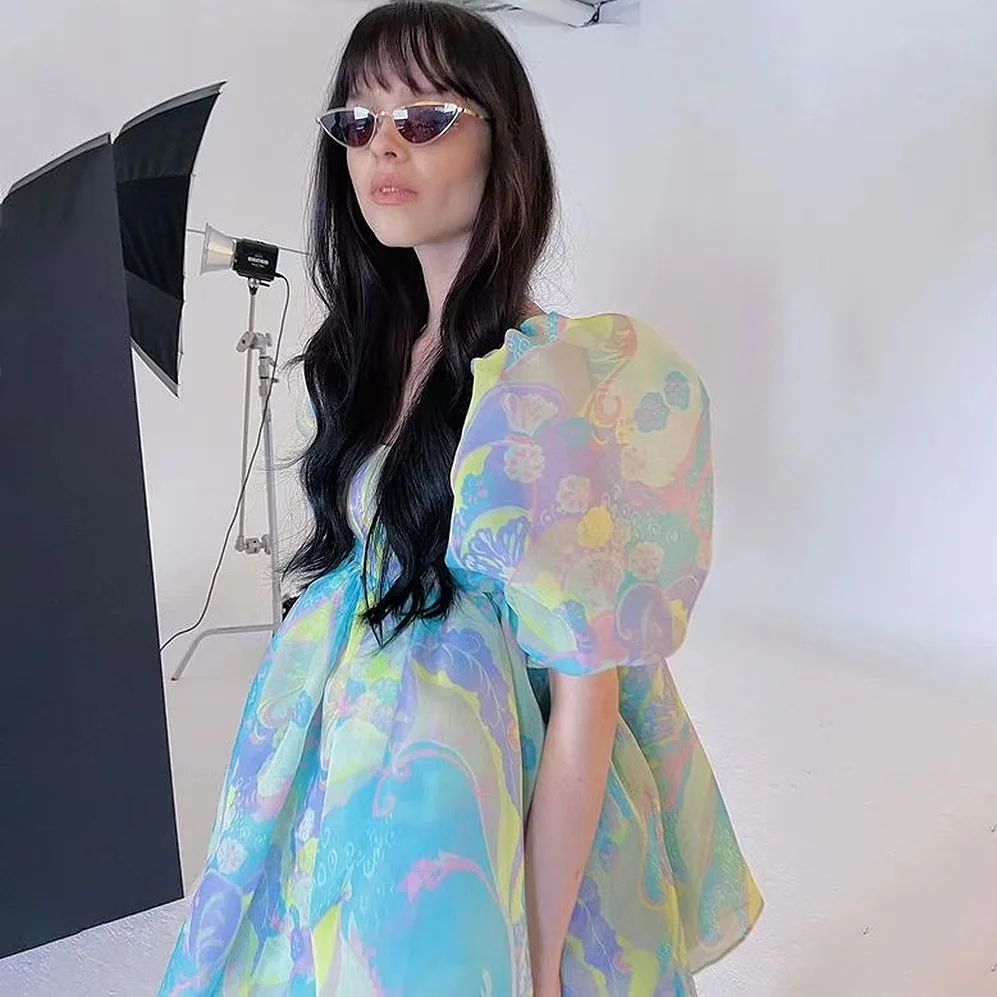 Nuevo Vestido de estilo veraniego, falda Floral de pastel dulce, falda hinchada estampada, Vestido de malla, Vestido de verano 2025, Vestido de mujer