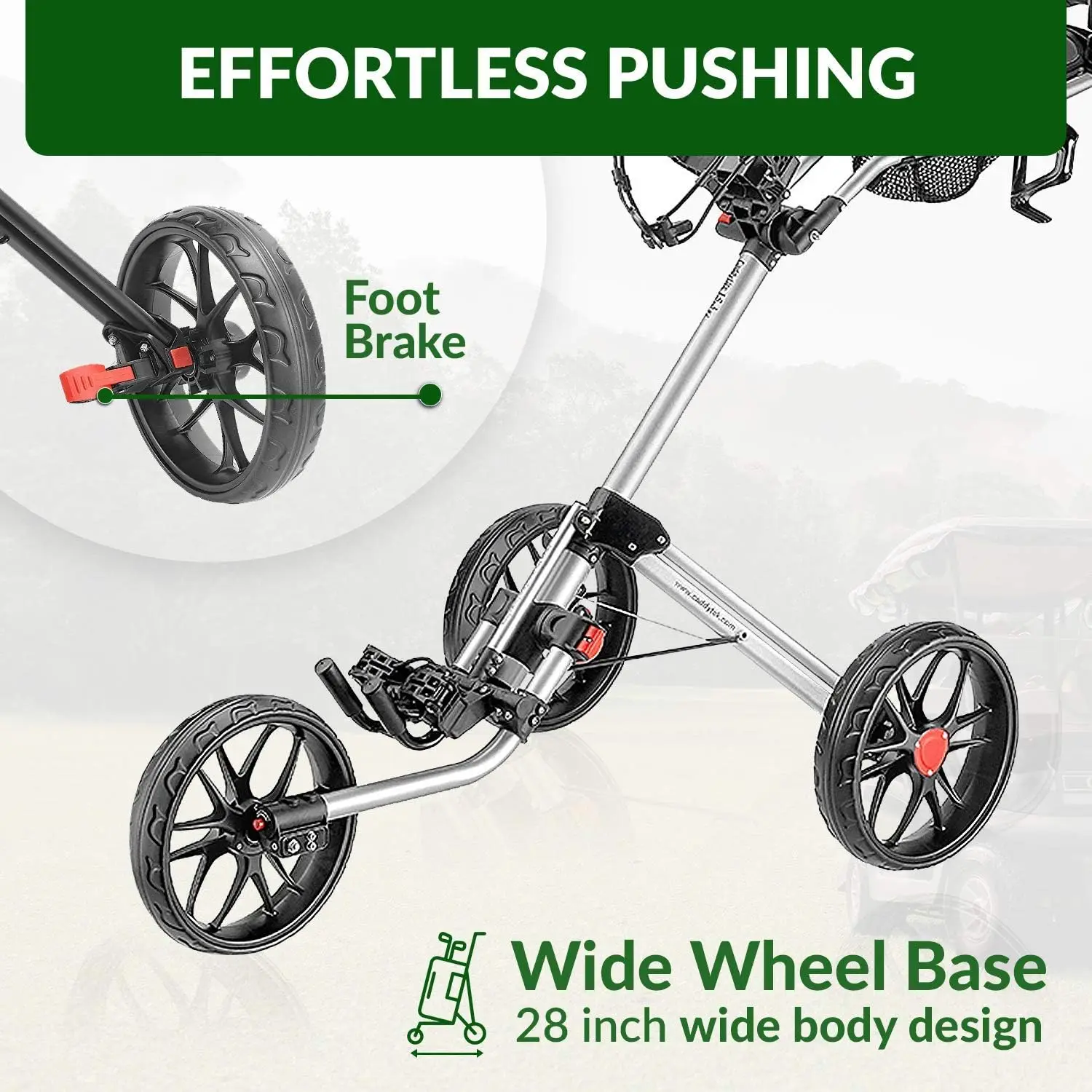 Golf Trolley，Three large 11.5" x 2.6" EVA maintenance-free wheels with ball bearings provide perfect 28 inch wide body