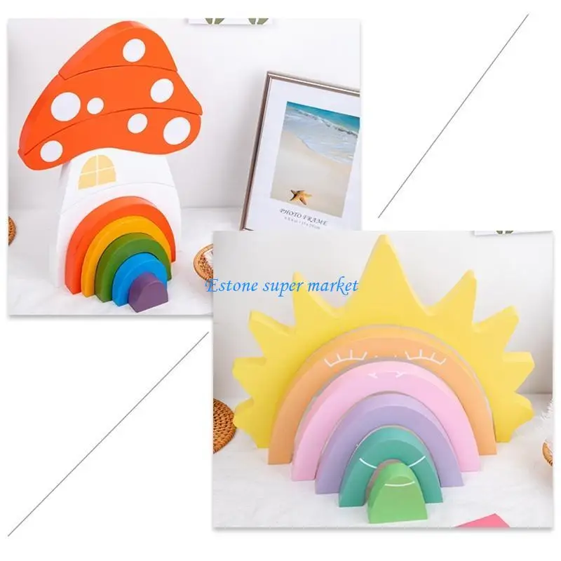 090b Bâtiment en bois arc-en-ciel / champignons Blocs d'apprentissage des jouets jeu d'éducation des jouets d'anniversaire