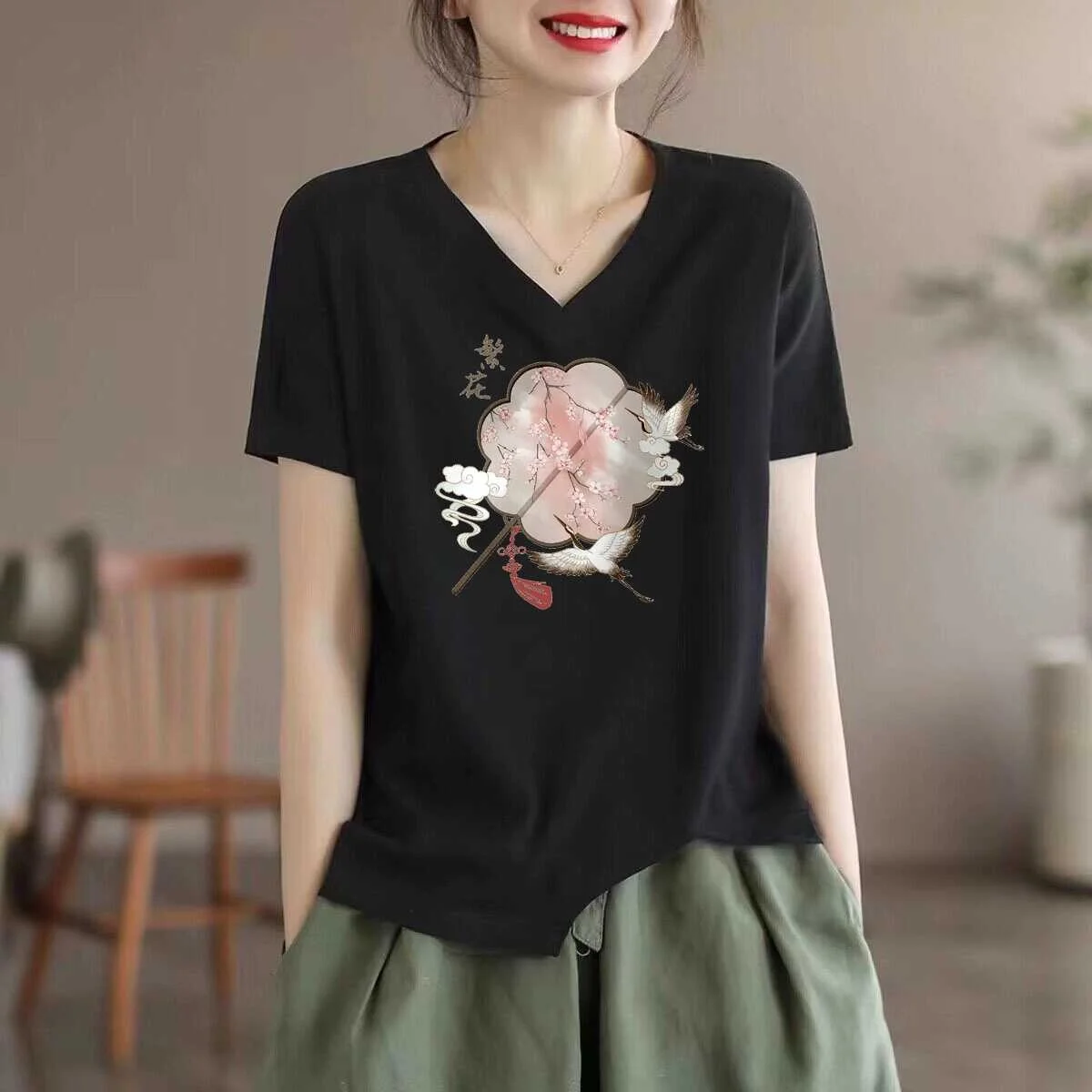 Loose Fit Short Sleeve T-Shirt Women's plus Size Half Sleeve Body Shirt Shoulder Width Standard Chinese Style Printed Casual Top