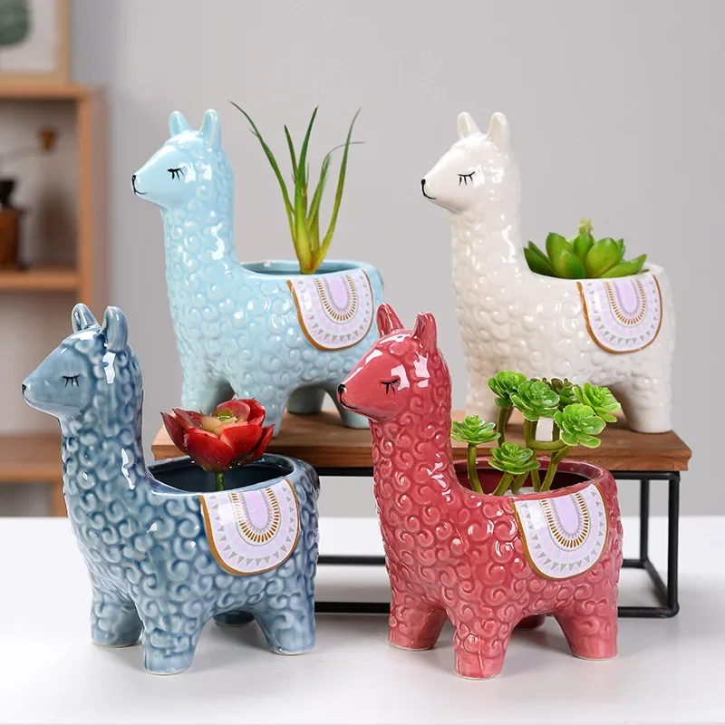 Ceramic Sheep Shape Animal Flower Pots Mini Pig Plant Pot Basin Micro Vase Bonsai Succulent Planter Decor Crafts Potted Pottery