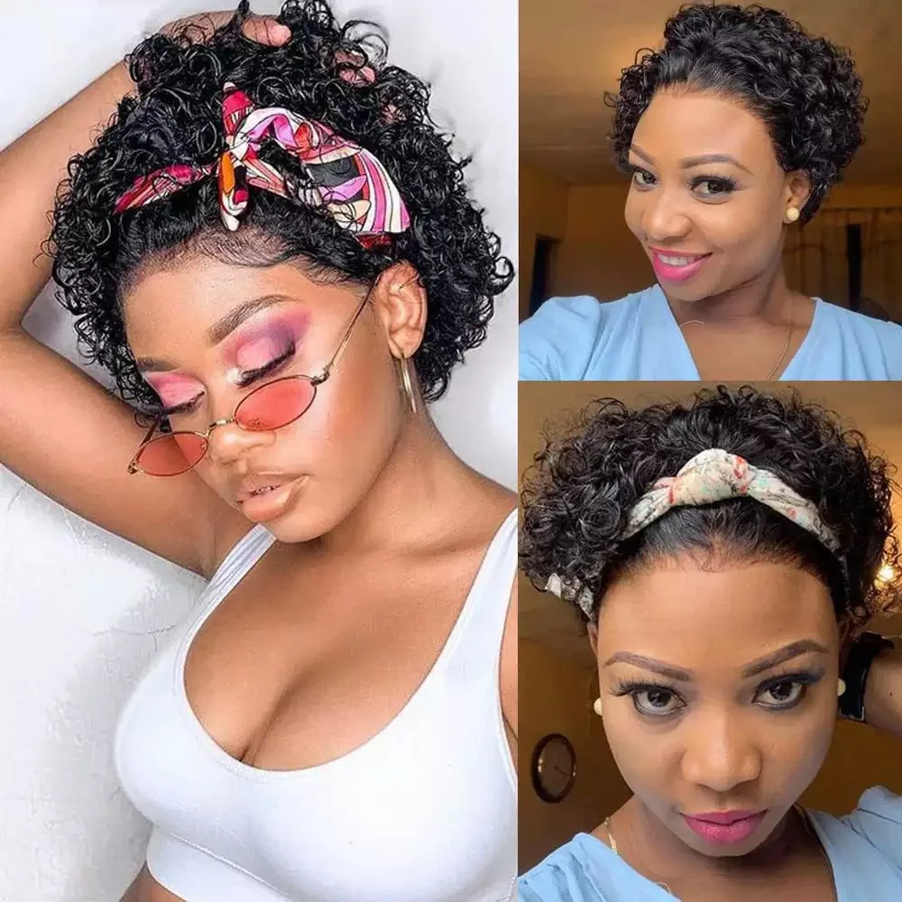 

Meggit 13X1 Curly Human Hair Wig Pixie Cut Curly Transparent Lace Wigs Brazilian Remy 100% Human Hair Wigs for Black Women