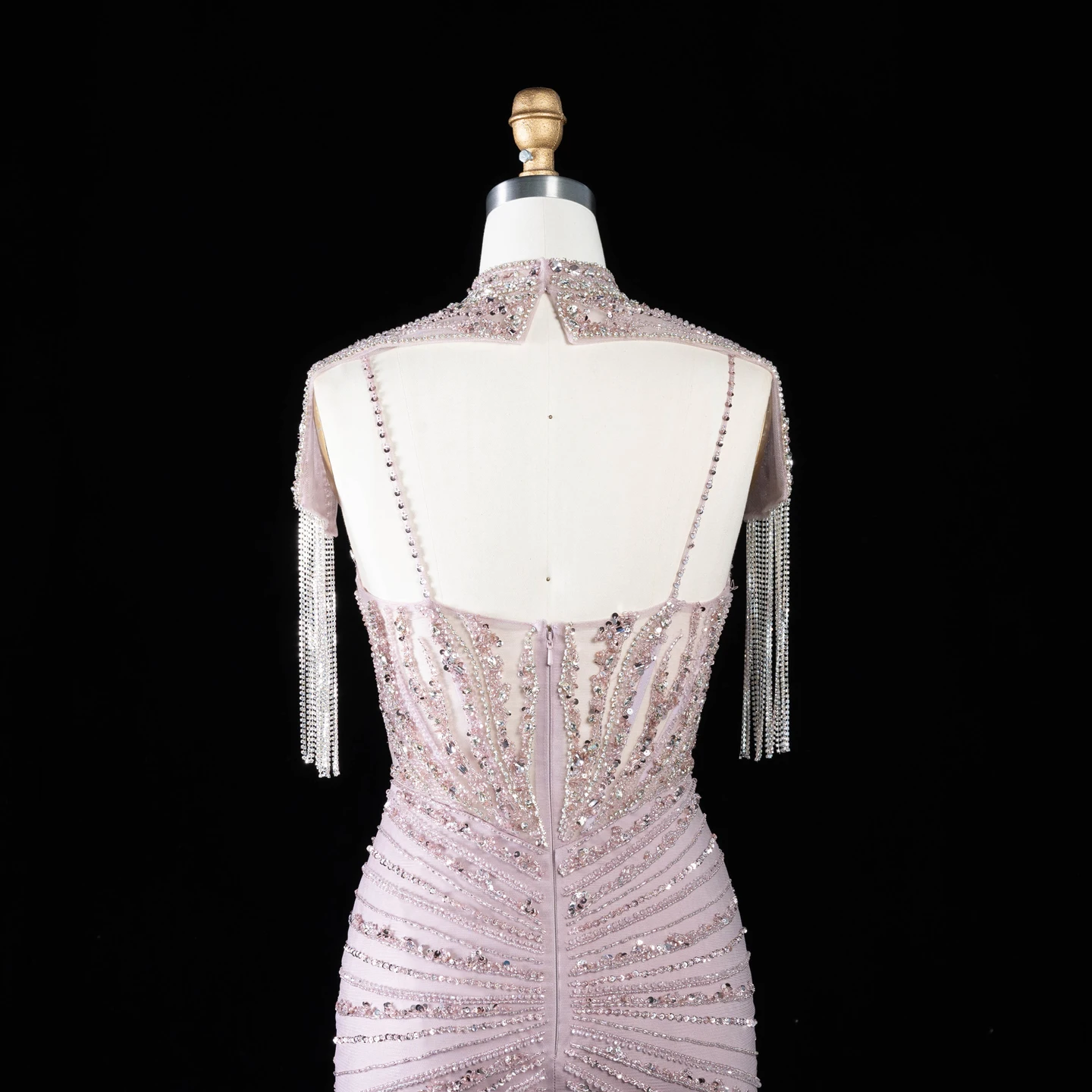 Sharon Said Luxuriöses Champagner-Abendkleid mit Quastenumhang, Diagonalen Strasssteinen, Meerjungfrauen-Schnitt, für formelle Anlässe und Partys, SS184, Maßanfertigung – Detail 20