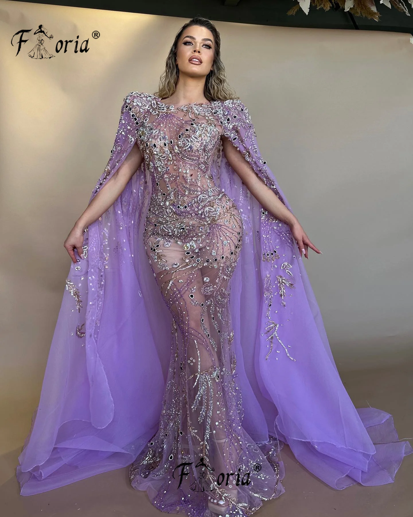 Vestidos de Festa Dubai beaded gaun pengantin malam กับเสื้อคลุมทรงนางเงือกคริสตัลสีม่วงชุดราตรีสำหรับงานปาร์ตี้แบบทางการอาหรับของผู้หญิง