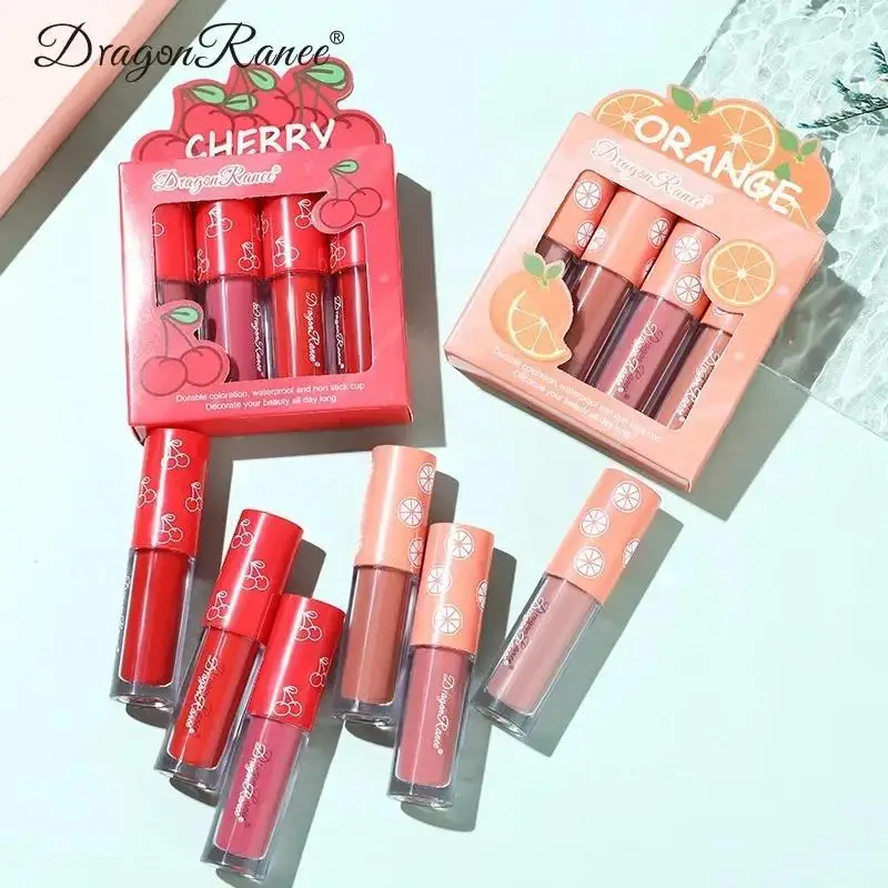4 ชิ้น Mini Velvet Matte Lip Gloss Set ยาวนานไม่ซีดจางผลไม้กลิ่นหอม Lip Tint Smooth น้ําหนักเบา Non Stick