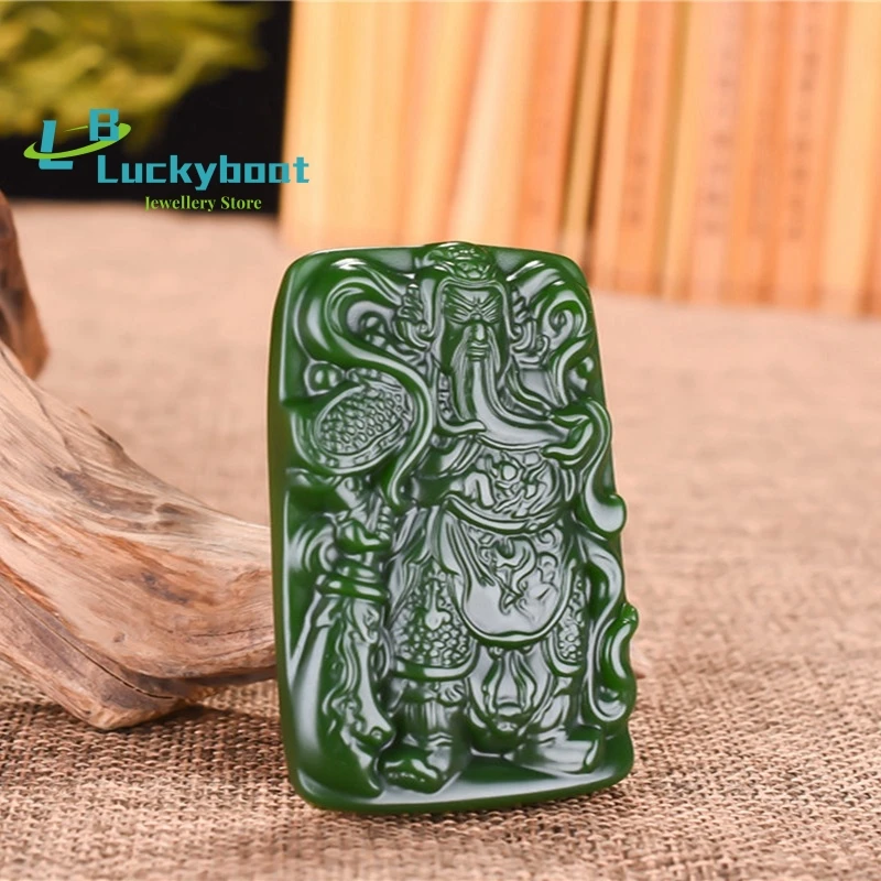 Natural Hetian Jade Jasper Guan Gongwu God of Wealth Men's Jade Brand Necklace Pendant