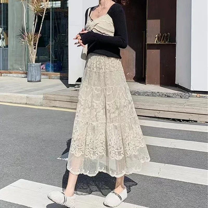 Embroidered Flower Lace Skirt Spring Summer Women High Waist Boho Beach Long Skirts Vintage Pletaed Gauze Skirt Sweet Beige L622