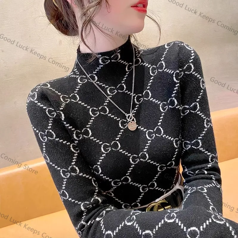 Vêtements pour femmes Vintage tout-match à manches longues tricot pulls automne hiver nouvelle mode mince col montant chandails bureau montre de sport