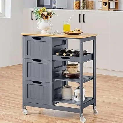 Kitchen Island Cart with Storage Rolling Bar Serving Cart Wood Top Trolley Shelf