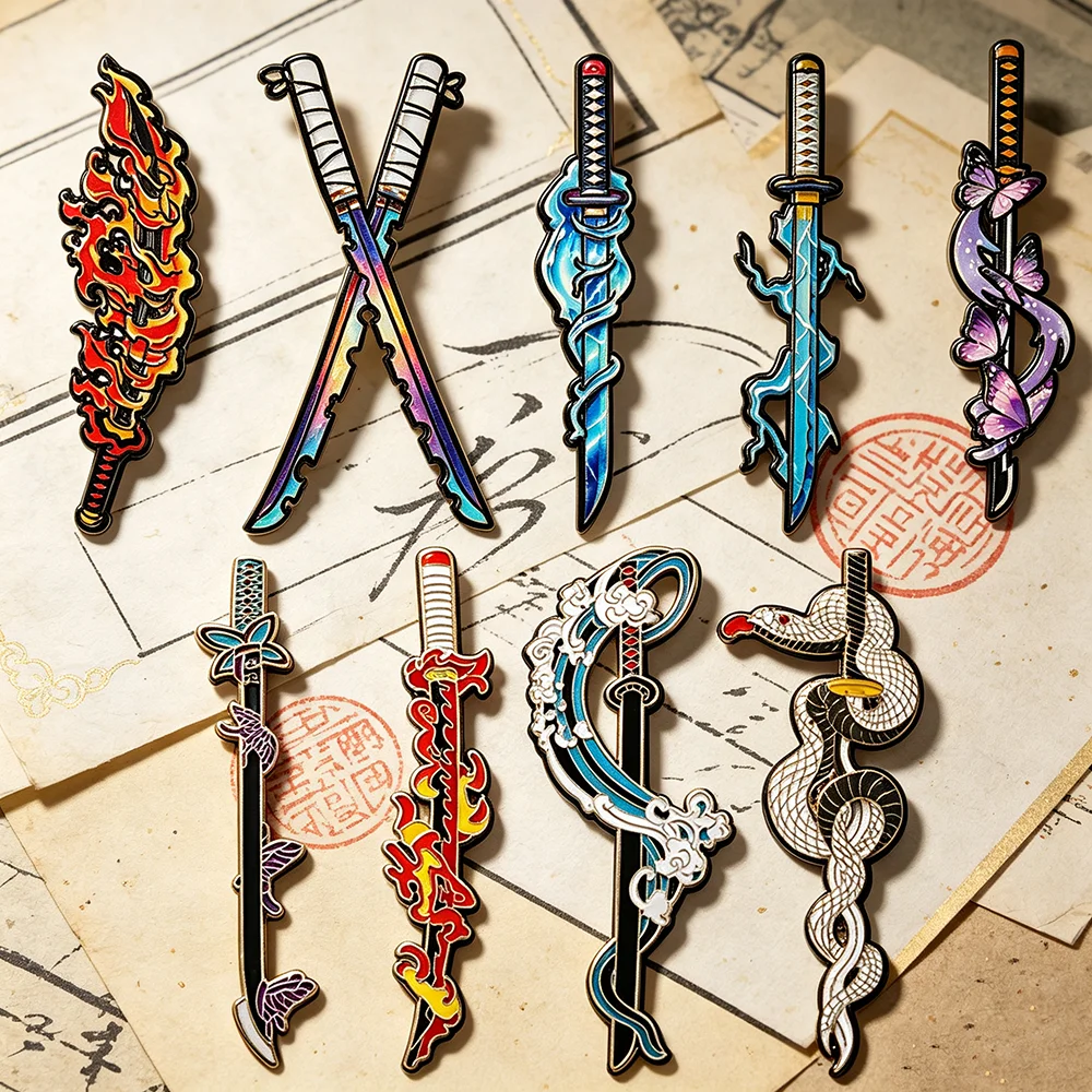 9pcs Nichirin Sword Enamel Pins Set Japanese Samurai Blade Badge Accessories for Backpack Collectible Gift for Manga Fans