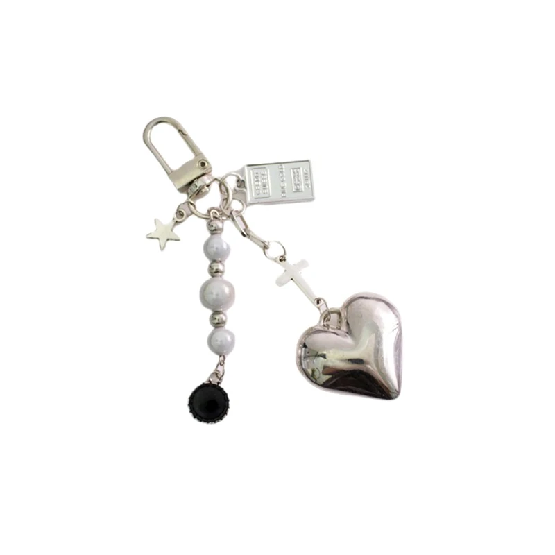 Einzigartiger Cooler Mond-Herz-Bär Tier-Schlüsselanhänger für Frauen Punk-Stern-Kreuz Transparente Perlen Schlüsselring Taschen-Auto-Schlüssel Handy-Accessoire
