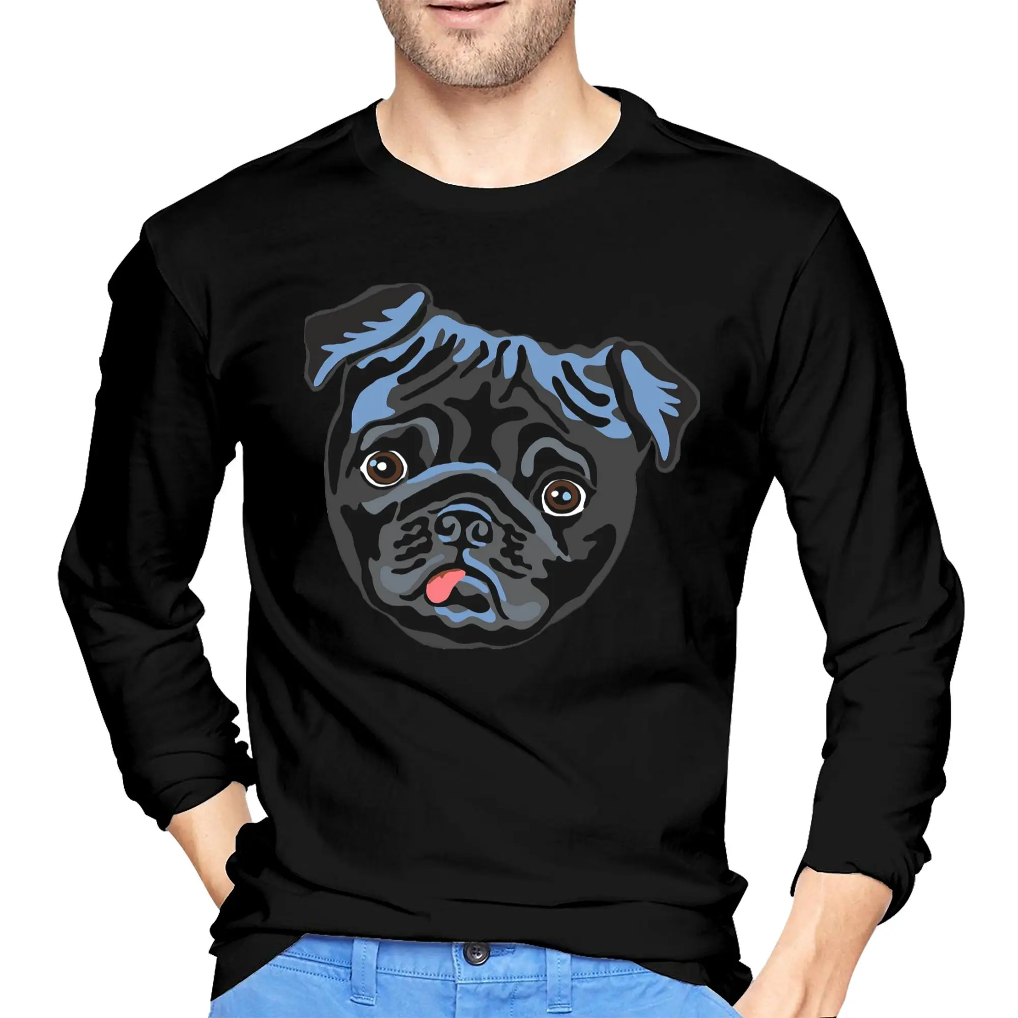 

Black pug (2) Men's Long Sleeved T-shirt Fashion Round Neck T shirts Spring and Autumn Men tops