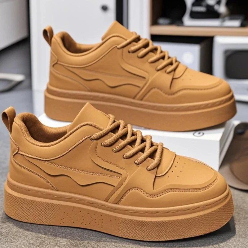 2025 Spring Men's Shoes Casual Sports Thick Soled Non Slip Board Shoes Solid Color Men's Shallow Vulcanized Shoes Simple