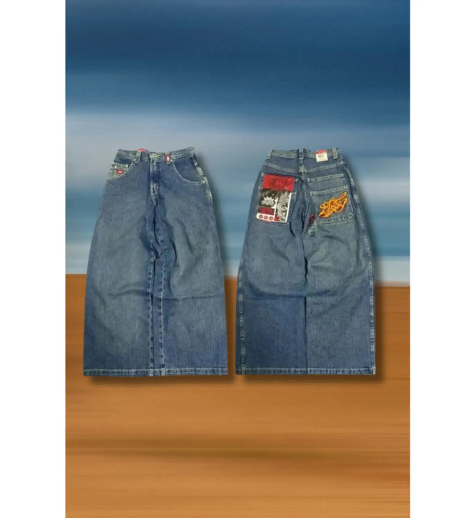 Hip Hop Retro Harajuku Street JNCO Jeans saku bordir Denim longgar celana kaki lebar pria mode baru celana lurus pinggang tinggi