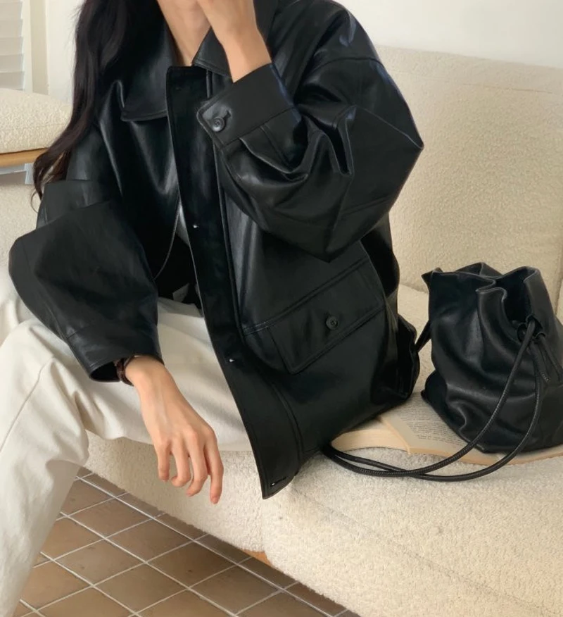 เสื้อแจ็คเก็ตหนังลำลองมีซิป คอตั้ง แขนยาว ทรงหลวม สำหรับผู้หญิงสาว แฟชั่นฤดูใบไม้ร่วง เสื้อคลุม