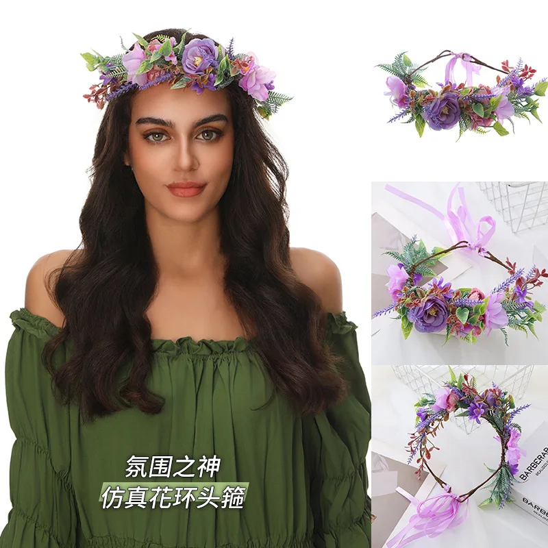 Purple Floral Crown Wreath, Bohemian Artificial Flower Headband with Ribbon for Wedding Bridal Photoshoot Festival Party