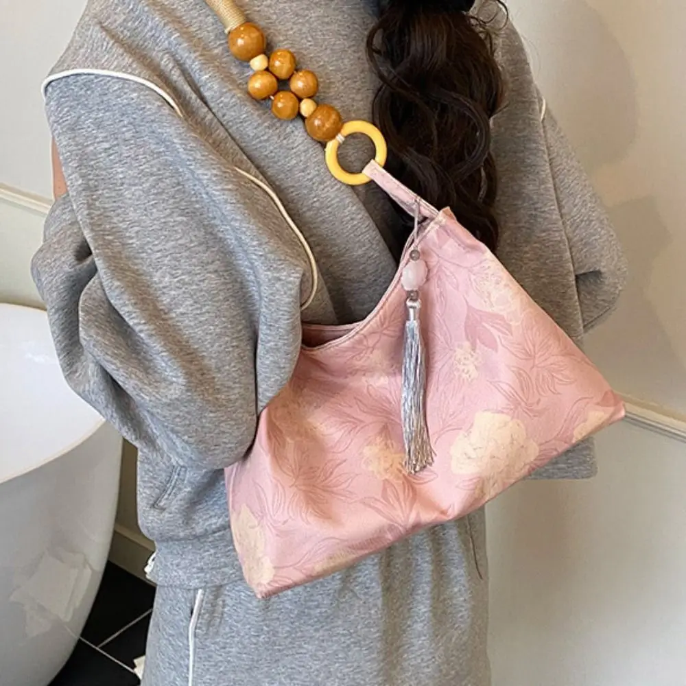 

Embroidered New Chinese Style Handbag Tassel Pendant Armpit Bag Hanfu Embroidery Handbag Large Capacity Flower