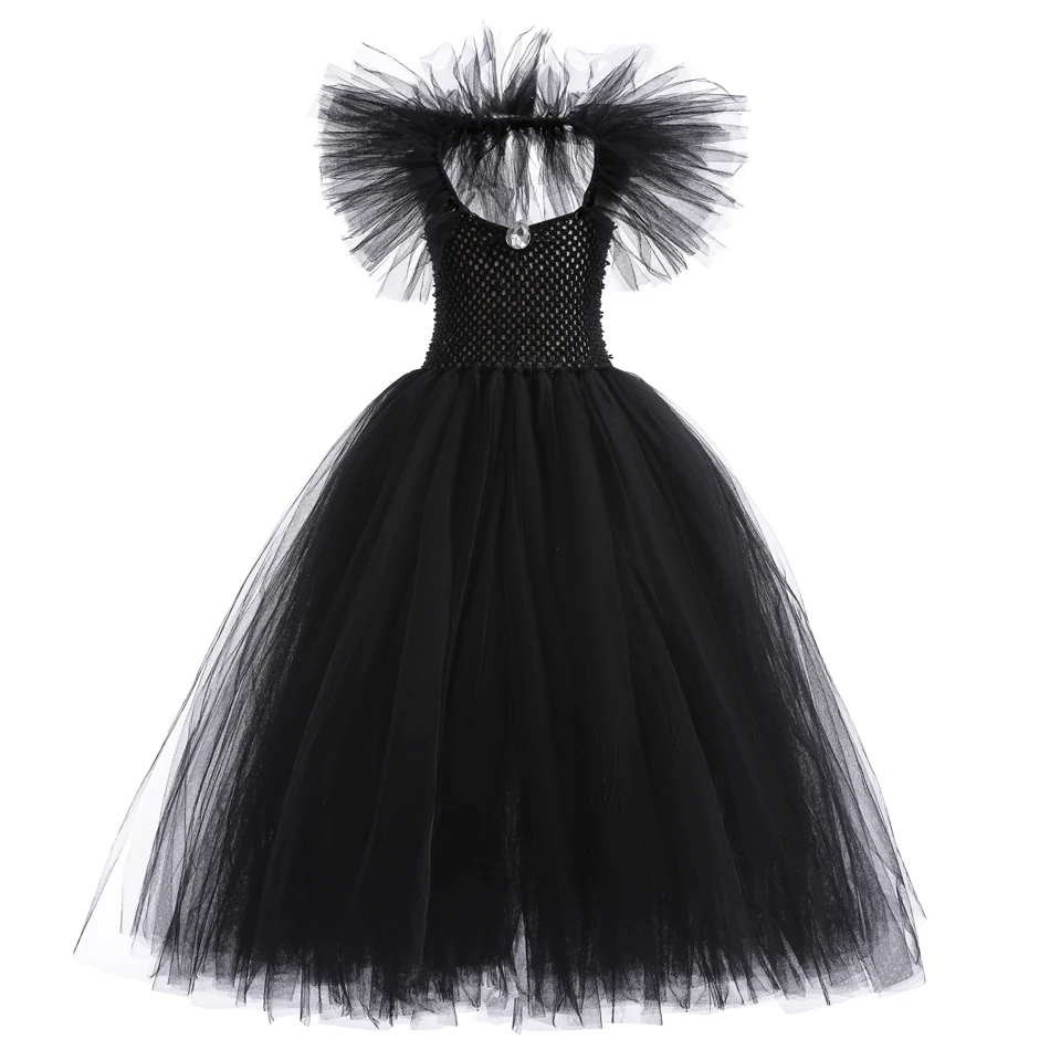 Schwarzes Hexen-Prinzessinnenkleid für Kinder, Tüll-Tutu mit Rüschen, Böse-Königin-Cosplay-Kostüm, Maleficent-Halloween-Geburtstagskleid für Mädchen – Detail 2