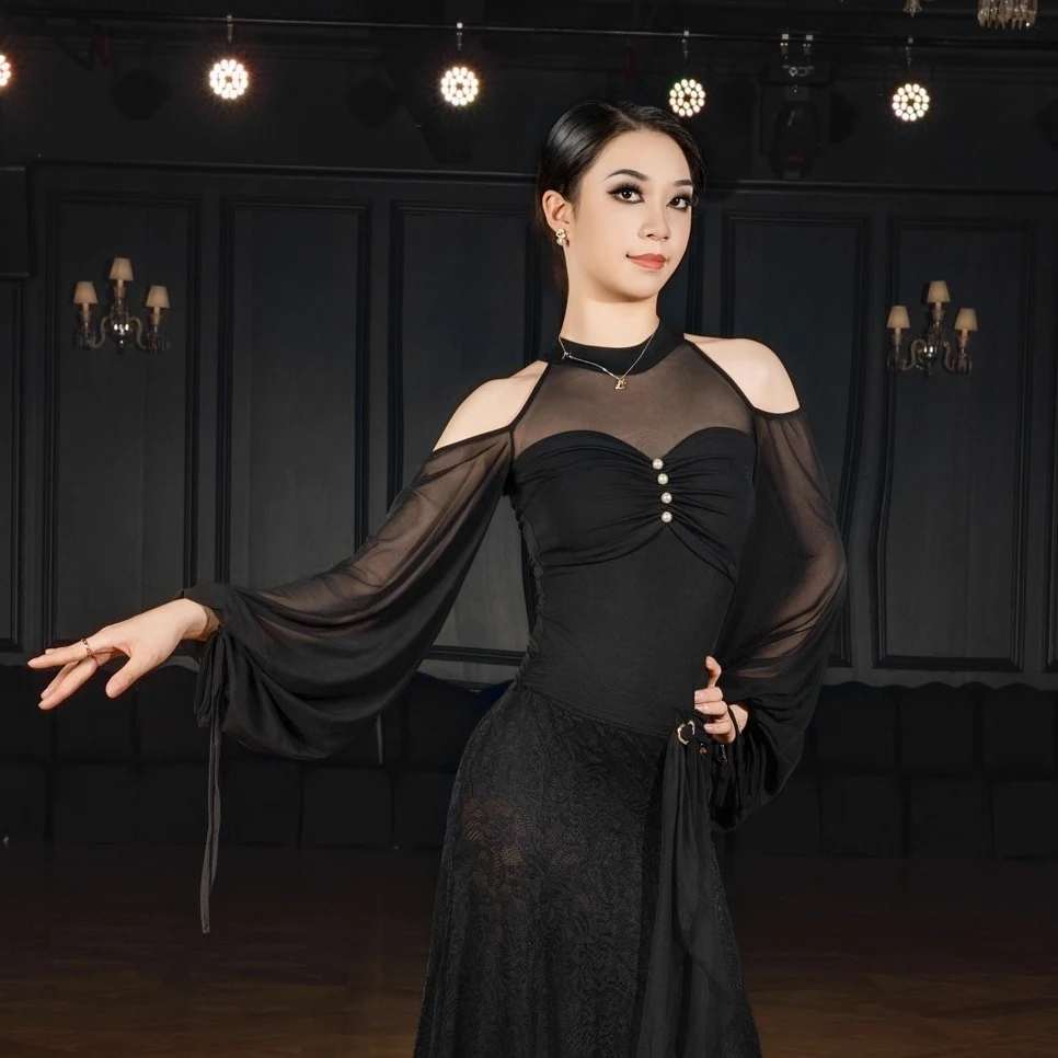 2025 Wals Dans Kleding Ballroom Dansvoorstelling Kostuum Vrouwen Mesh Lange Mouwen Tops Volwassen Praktijk Slijtage Paars Tops BL 17171