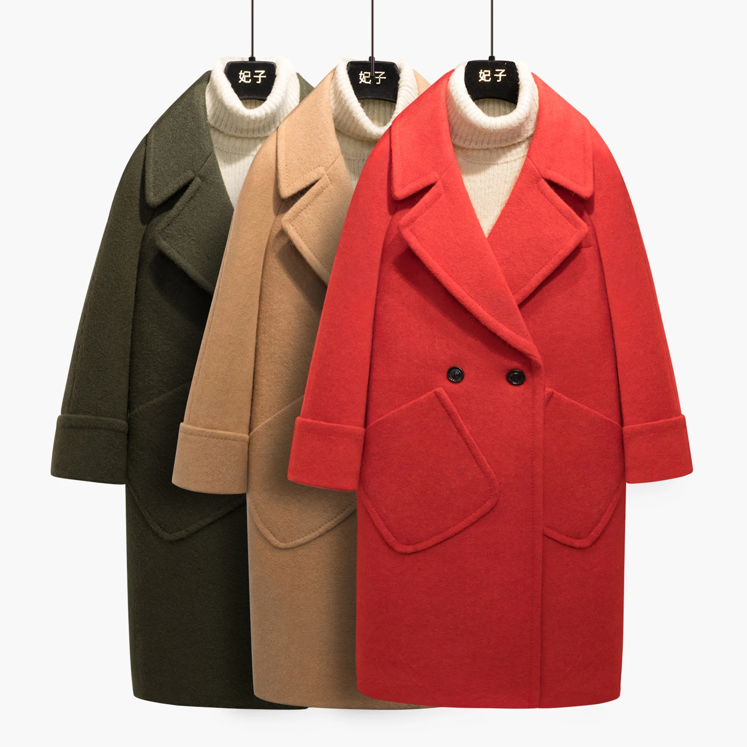 

Concubine mid length woolen coat, winter new style, loose temperament, red fashionable shaped woolen coat, female