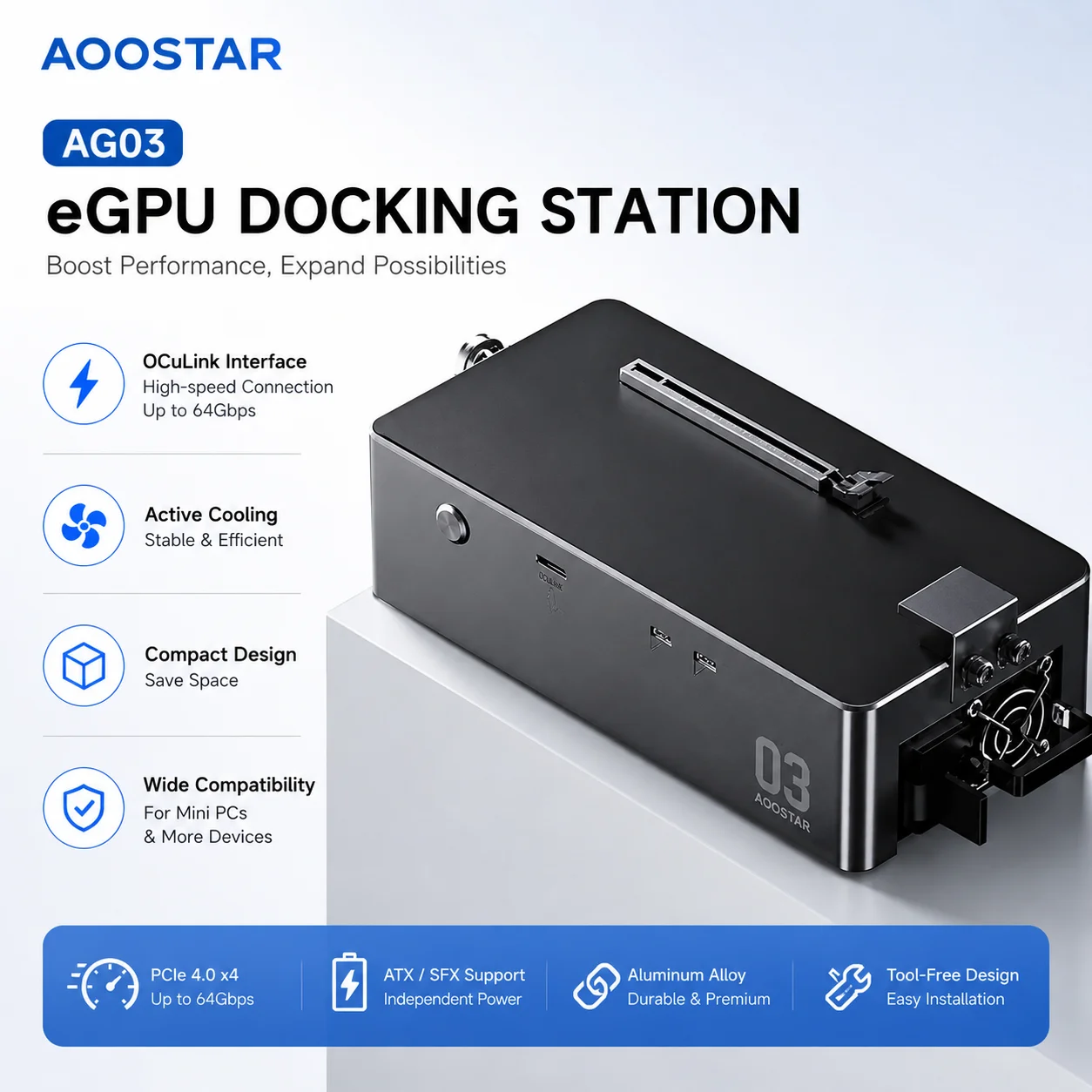 Station d'accueil pour carte graphique AOOSTAR AG03 USB4 V2.0 Thunderbolt 5 80 Gbps avec alimentation intégrée 800 W et charge inversée 140 W pour ordinateur portable