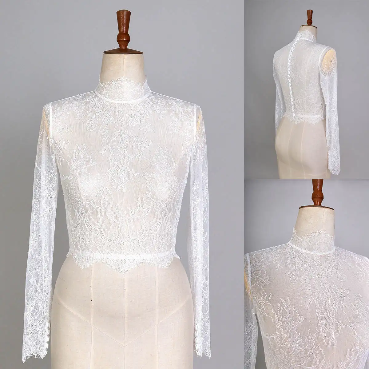 Illusion Appliques Lace High Neck Shawl  Long Sleeve Button  Bride Jackets For Strapless Bridal Dress  Accessories Custom Made