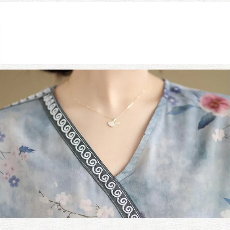 Women's Summer Chiffon V-Neck Pullover Patchwork Short Sleeve Flower Printing Tie Dye T-shirt Loose Elegant Basic Fashion Tops