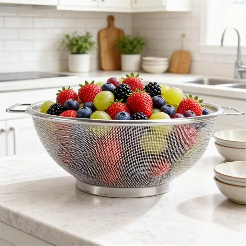 23GA Mesh Colander Stainless Round Edges Double Handle Strainer Basket For Kitchen Drain And Steam Cooking Rustproof