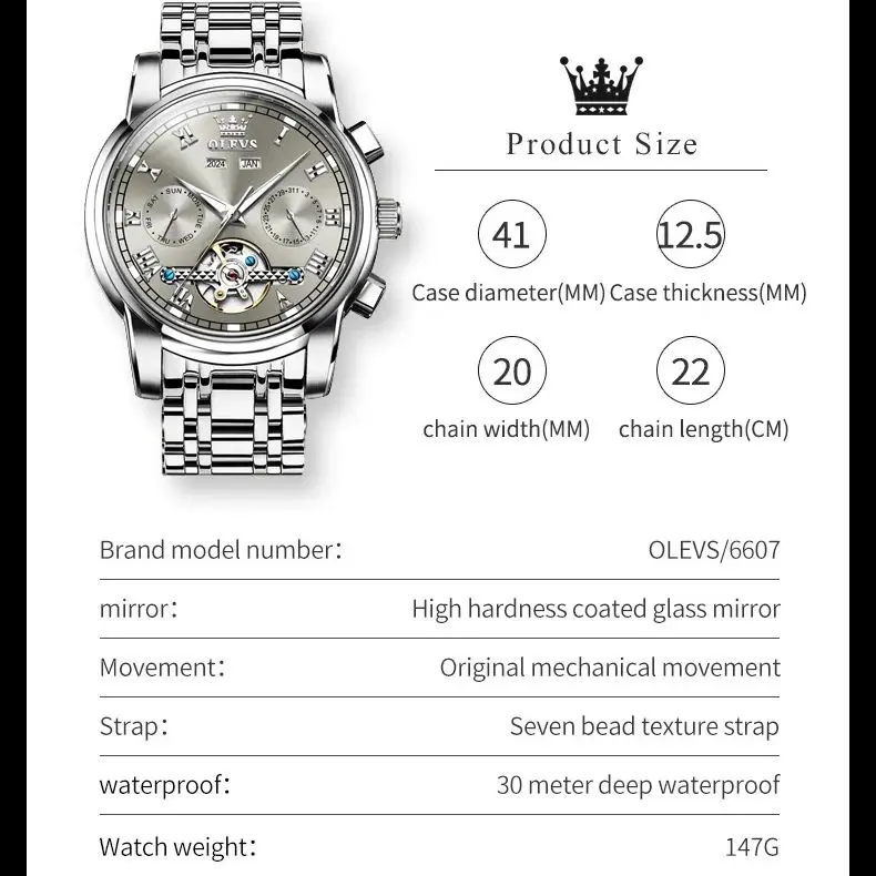 OLEVS Men\'s Watch Luxury Brand Fully Automatic Mechanical Watch Fashion Business Waterproof Stainless Steel Skeleton Men\'s Watch