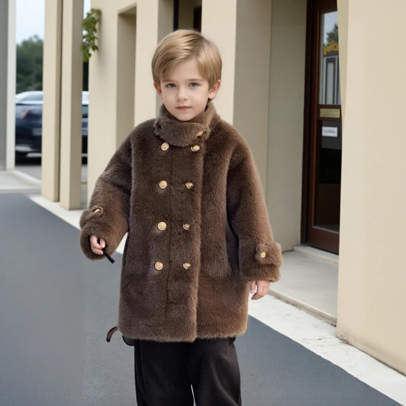 

Зимнее детское пальто из искусственной норки, длинная плюшевая меховая куртка, коричневые модные ветрозащитные утепленные топы, пальто для мальчиков и девочек, теплая нарядная верхняя одежда