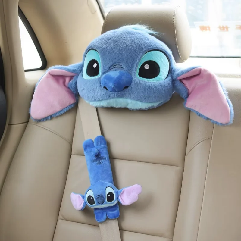 Disney Stitch cute funny car neck pillow cartoon plush four-season universal pillow seat belt protective set