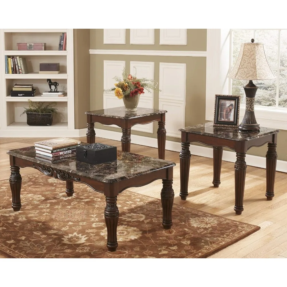 Includes Coffee Table and 2 End Tables North Shore Traditional Faux Marble 3-Piece Table Set Cafe Furniture Set for Living Room