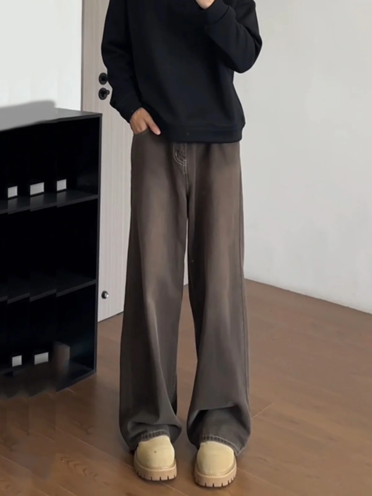 

Men's High Waist Brown Denim Jeans Autumn Winter Wide Leg Straight Cut Trousers Youth Faion Wear Resistant Casual Jeans