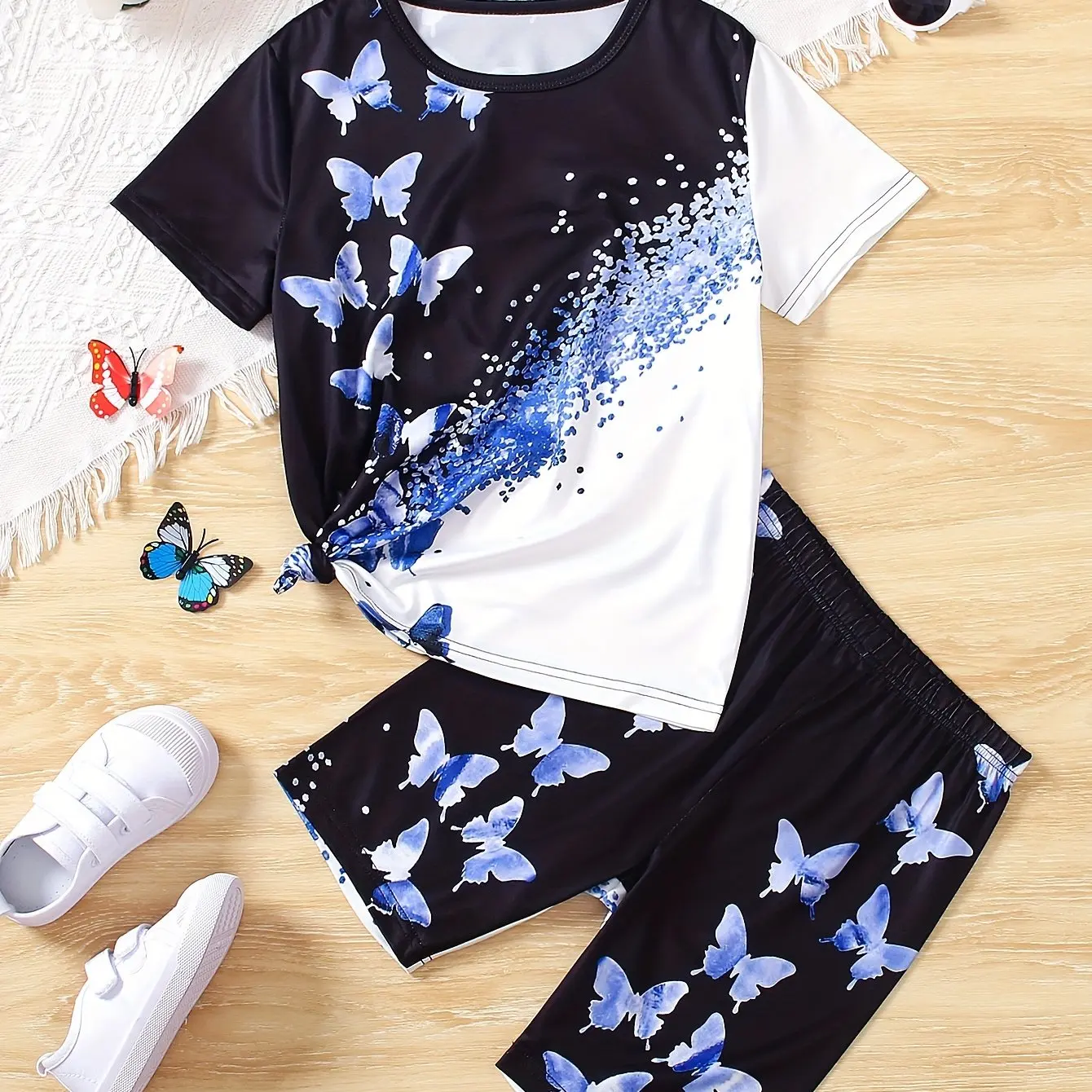 Children\'s Clothing Set for Girls Short Sleeve Girl Shorts 3D Butterfly Print Casual Girls Summer Clothes Pink Children\'s Sets