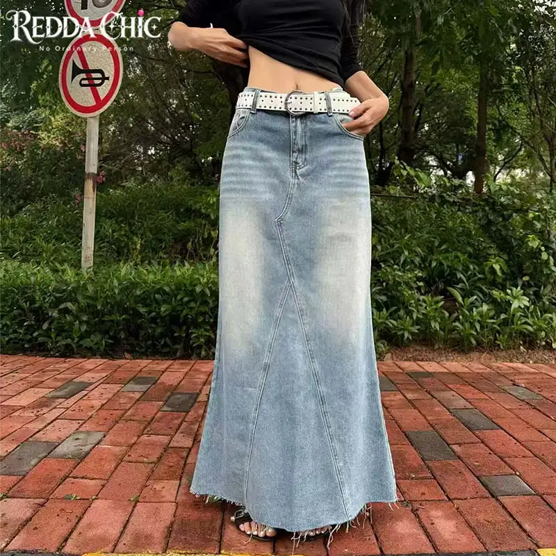 ReddaChic Raw Edge Mermaid Jean Skirt Women Causal Loose Fit Low Waist Slit Irregular Stitch Maxi Denim Skirt Korean Streetwear