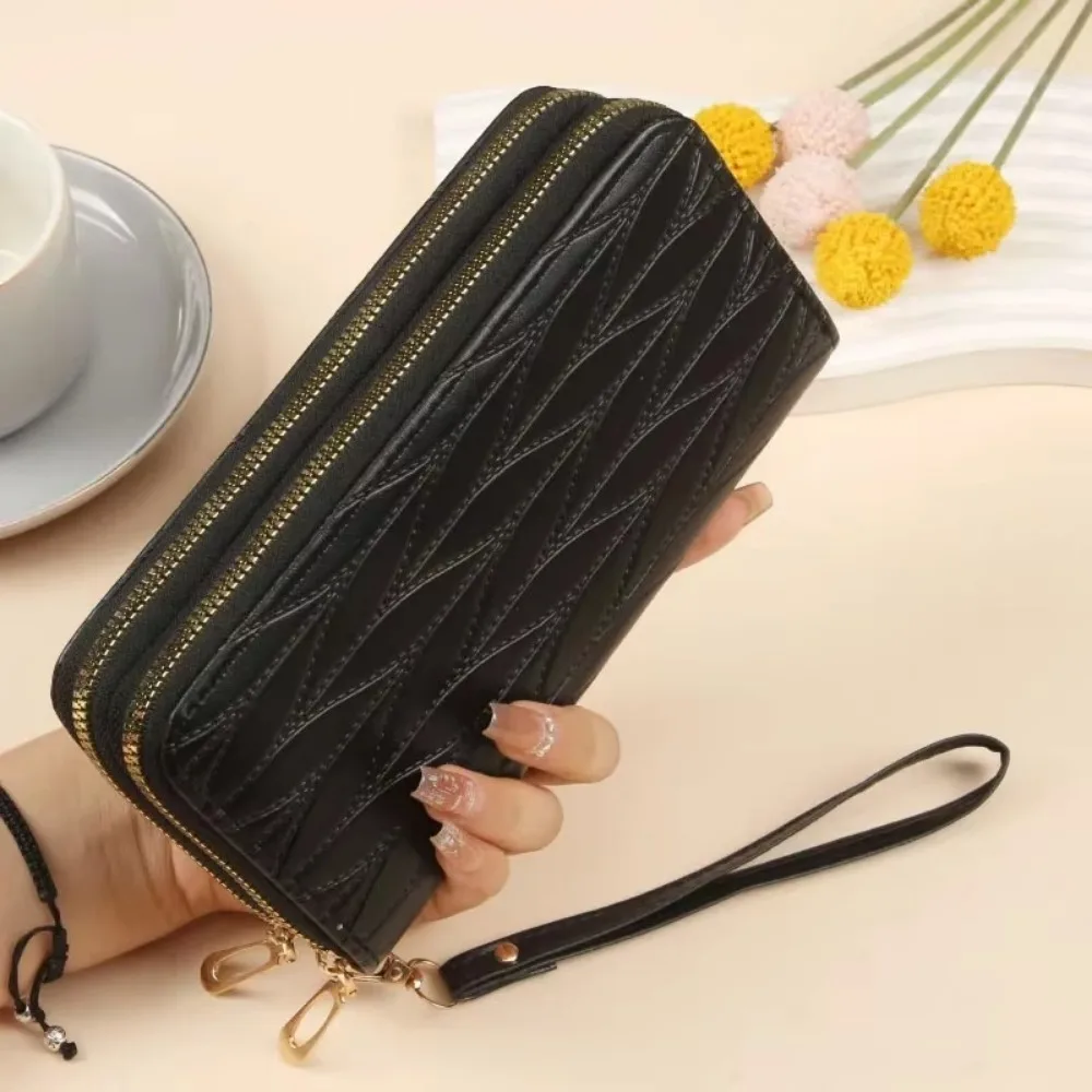 

New PU Women Long Wallets Large Capacity Double Zipper Coin Purse Multilayer Solid Color Wristlet Handbag Card Storage