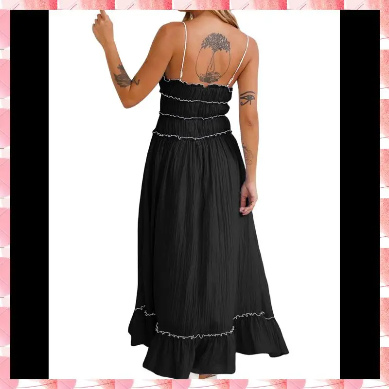 Womens 2025 Summer Dress Casual Sleeveless Spaghetti Strap RIC Rac Trim Smocked Ruffle Beach Long Maxi Dress