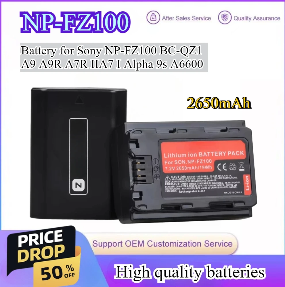 

2650mAh NP-FZ100 NPFZ100 NP FZ100 +Charger Battery for Sony NP-FZ100 BC-QZ1 Sony A9 A9R A7R III A7 III A6600 Digital Battery