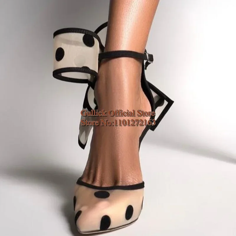 أنثى البولكا نقطة فراشة عقدة عالية الكعب مضخات واضح شبكة أشار تو كبير الكاحل حزام جوفاء رقيقة الكعوب النساء مأدبة الأحذية #4