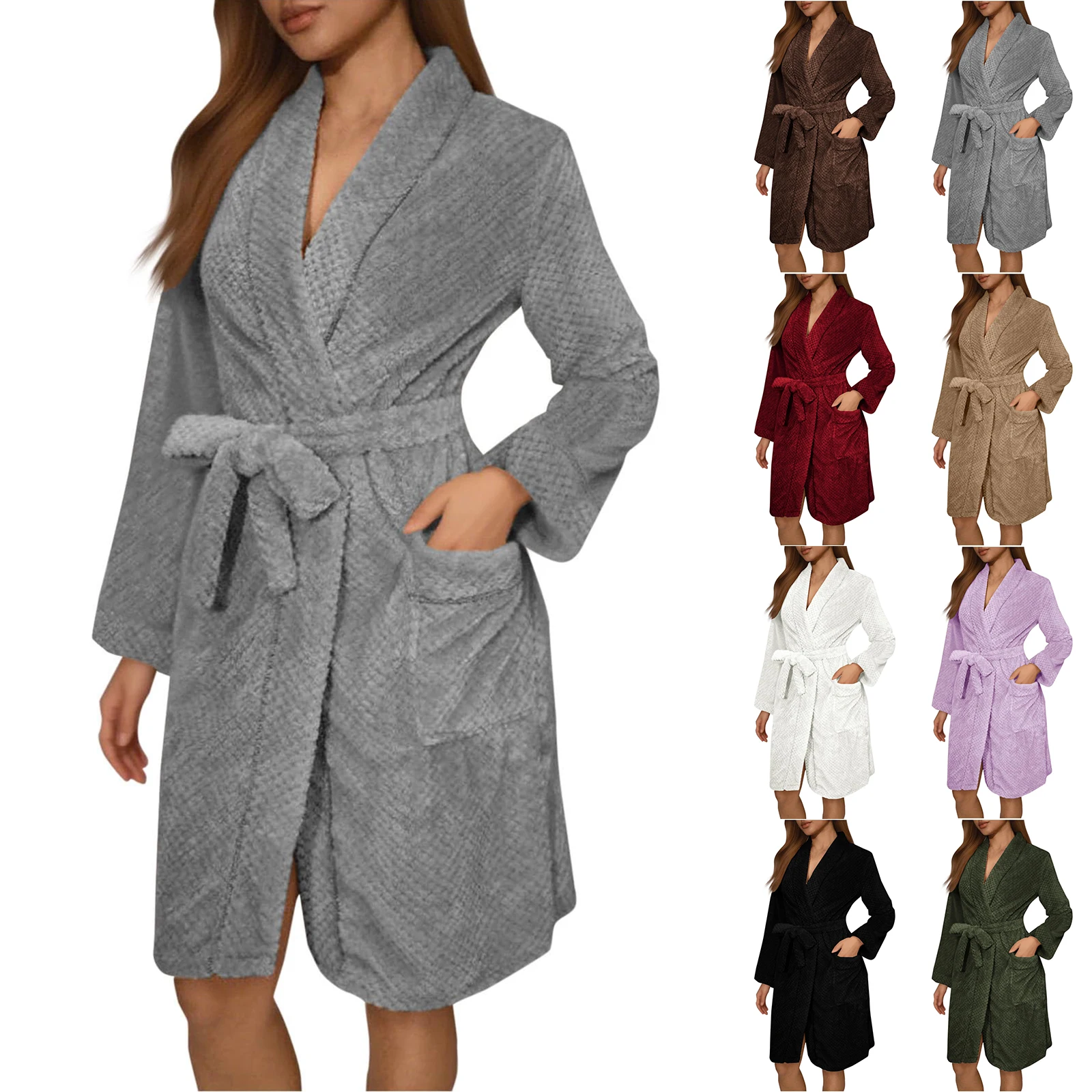 Women'S Long Sleeved Autumn And Winter Warm Bathrobe Home Clothes Plush Solid Color Sleeping Robe Home Clothes