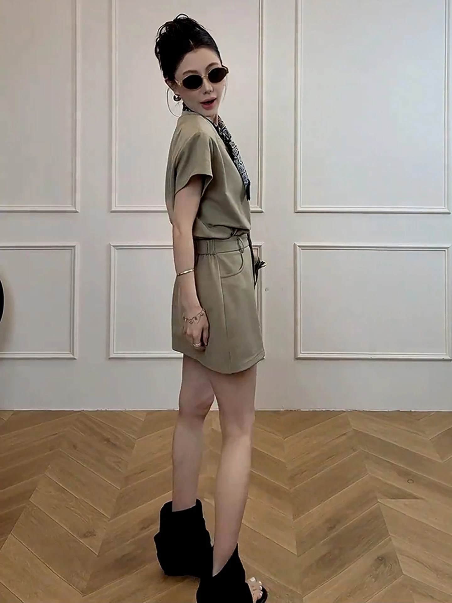 T-shirt Chic couleur kaki pour femmes, ensemble Dr, jupe trapèze taille haute, ort Sve, rond Ne Ci, adapté aux déplacements