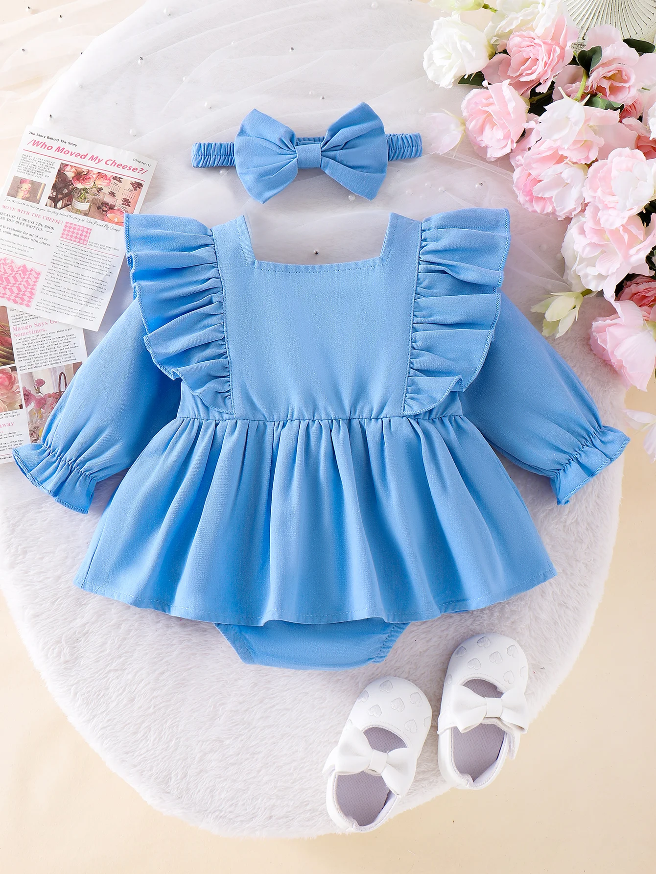 2PCS Autumn 0-1 Year Old Girl Newborn Baby Comfortable Simple And Cute Blue One-Piece Suit + Hair Band