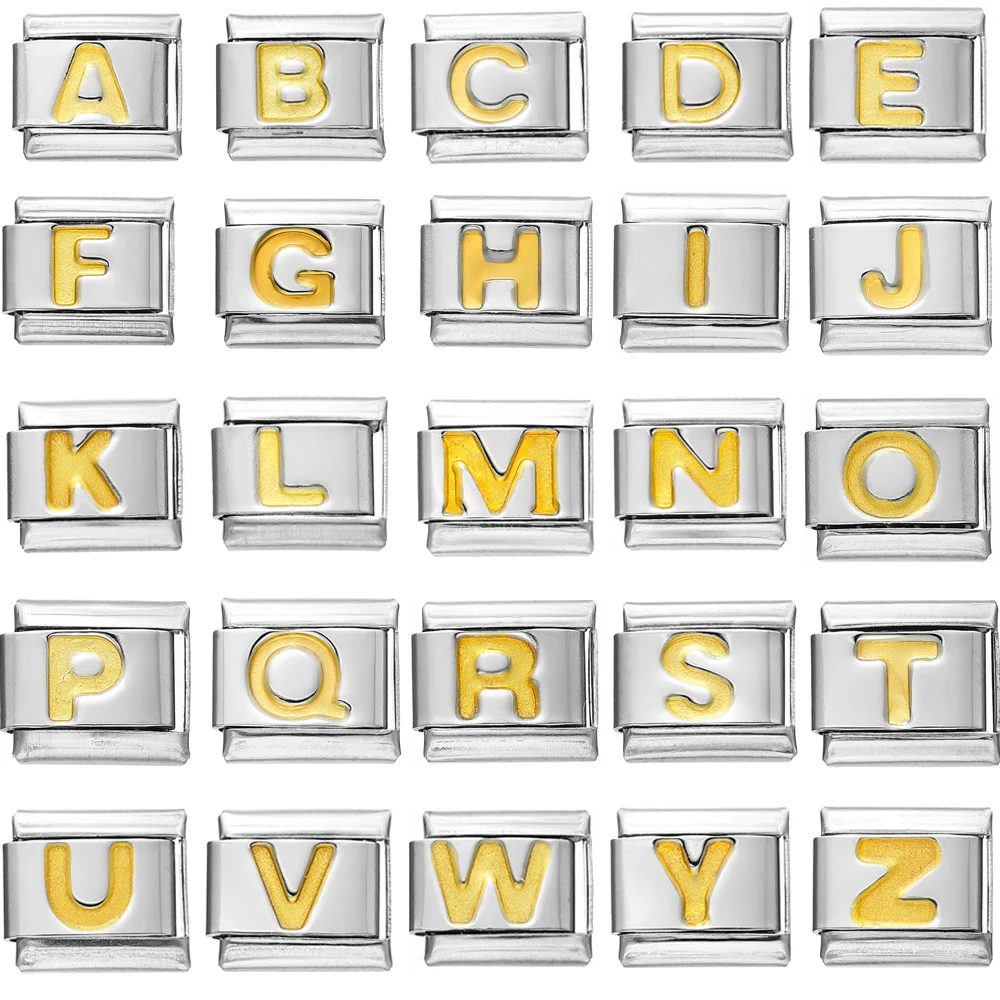 1 Piece Stainless Steel Gold Color Enamel 26 Letter A-Z Charms Italian Links Fit 9x10mm Bracelet  Diy Women Jewelry Making