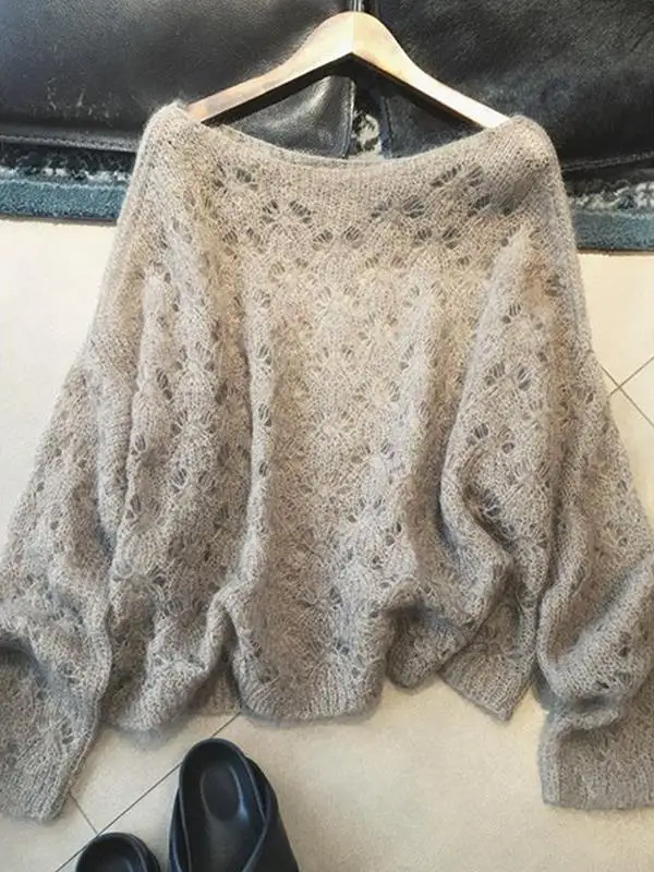 2026 New Korean Style Lazy Style Grey Hollow out Short Knitted Sweater Women Spring Autumn Design Unique Knitwear Top