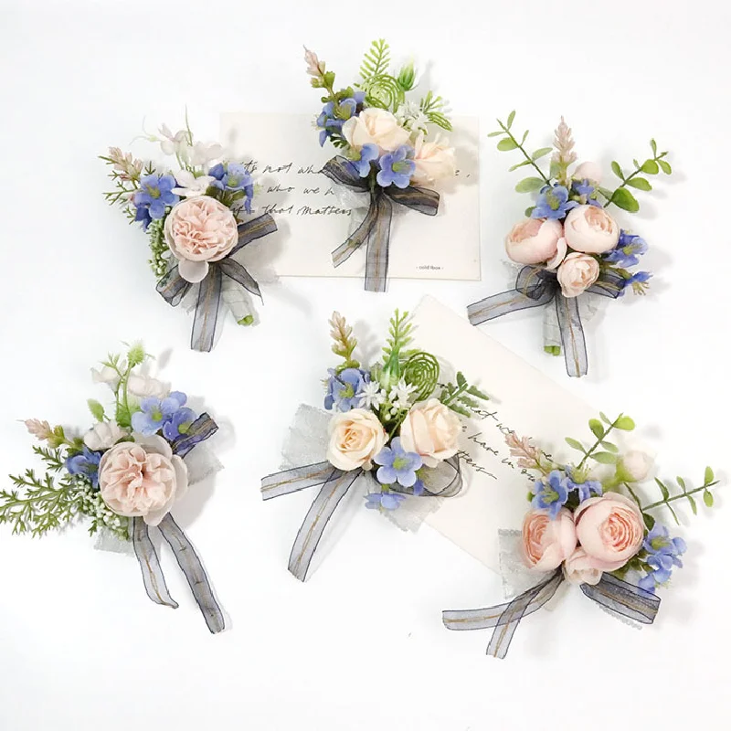 Boutonniere andリストコルサグ、ウェディング用品、フラワーアート、シミュレーションフラワー、ビジネスのお祝い、開いたゲストs402